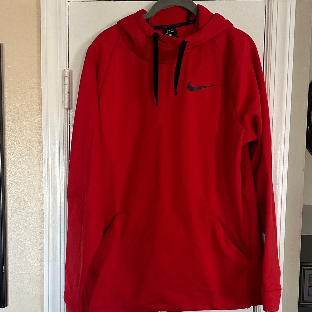 Nike Dri-Fit Red Hoodie with Black Swoosh and Drawstrings